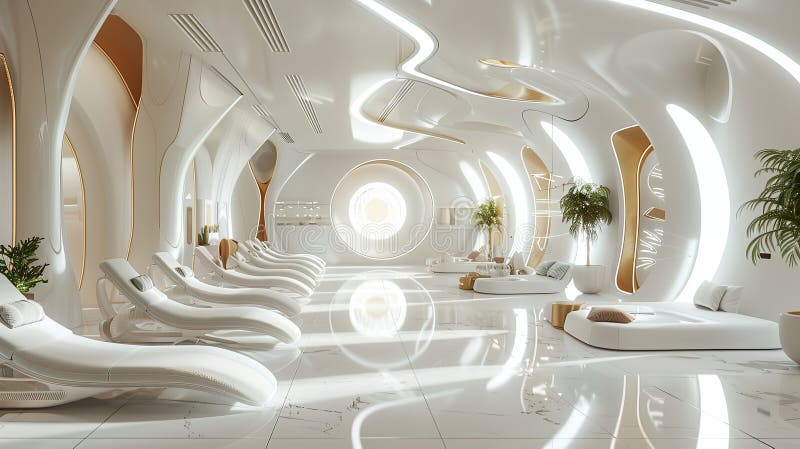 Futuristic space station interior with sleek design and lounge area vector illustration