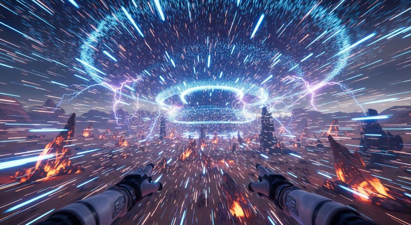 Futuristic space travel scene with rocket launch in outer space landscape featuring galactic phenomenon and lightning storm