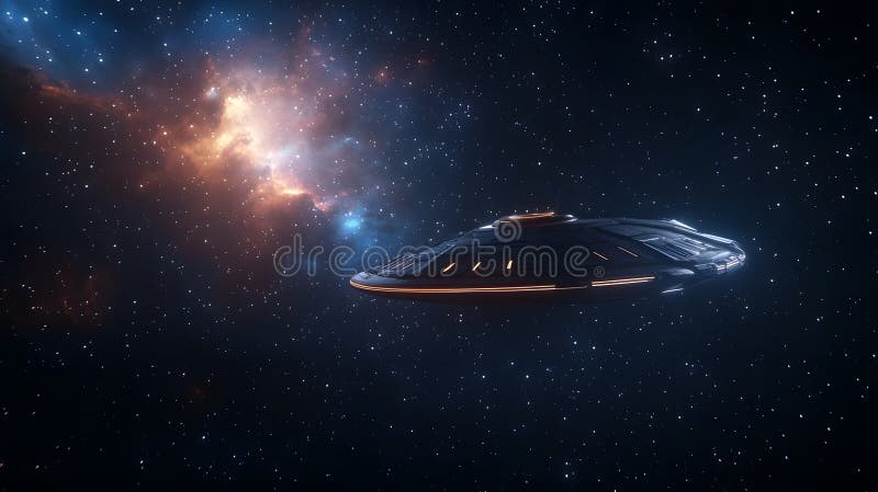 Futuristic Spaceship in Deep Space with Glowing Details and Stunning Cosmic Background, Perfect for Sci-Fi and Space Exploration royalty free illustration