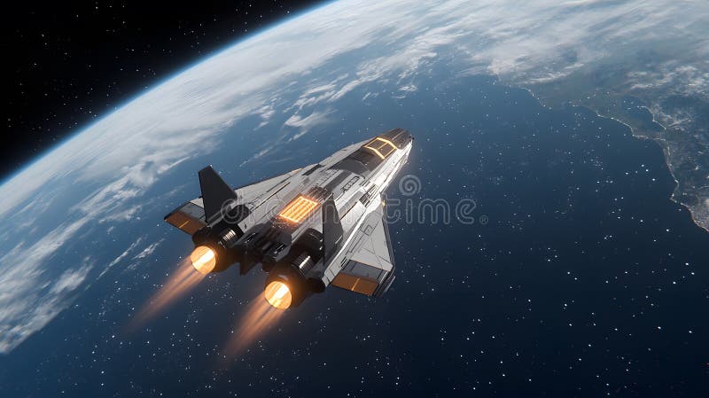 A futuristic spaceship elegantly orbits Earth, showcasing glowing engines amid the vastness of space, highlighting advanced stock illustration