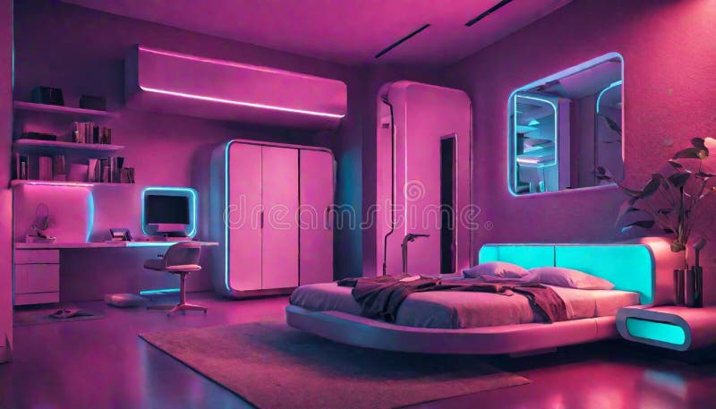 A Futuristic Spaceship-inspired Bedroom with Neon Lights and Metallic ...
