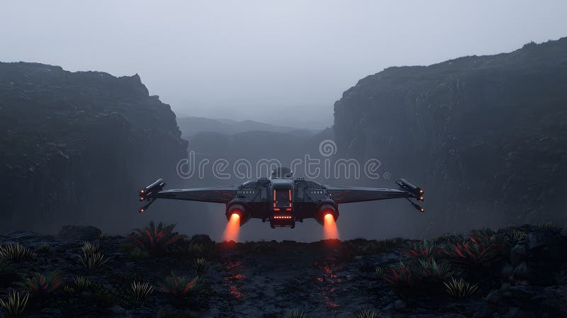 Futuristic Spaceship Landing in a Dramatic Scene with Glowing Thrusters Against a Misty Landscape Surrounded by Rocky Terrain and royalty free illustration