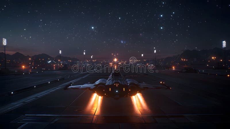 Futuristic spaceship launch scene at night with glowing engines, starry sky, and illuminated runway, creating a cinematic stock illustration