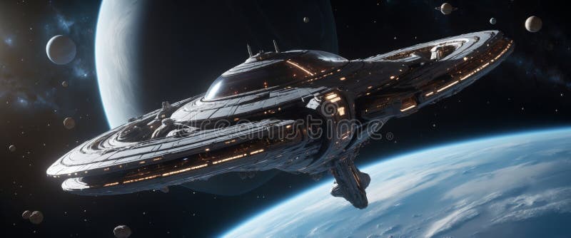 Futuristic Spaceship in Zero Gravity. A sci-fi scene featuring a futuristic spaceship floating in zero gravity, with its metallic surface glowing softly from the ambient light, creating a captivating vision of space exploration. AI generated