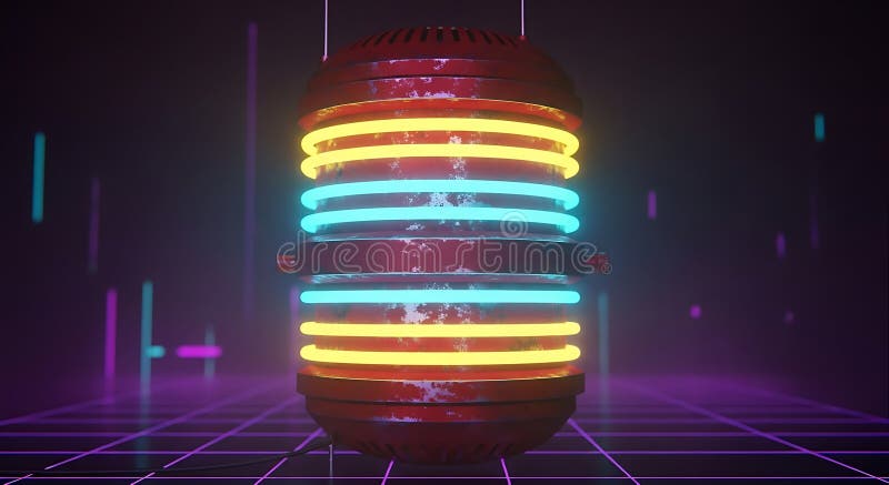 ImaA futuristic, spherical object with a weathered, metallic surface prominently ge royalty free illustration