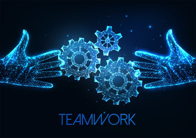 Futuristic teamwork, collaboration concept with glowing hands touching gears, cog wheels stock illustration