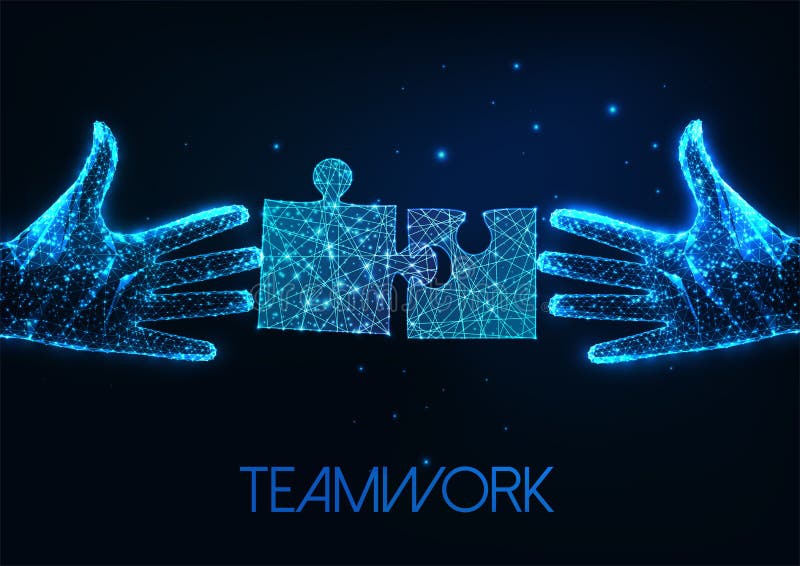 Futuristic teamwork, problem solution concept with glowing two human hands and puzzle pieces