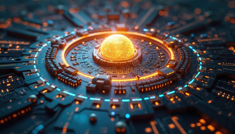 Futuristic tech art quantum computing concept. Glowing orb in a center, surrounded tech circuit board. Quantum computer tech,