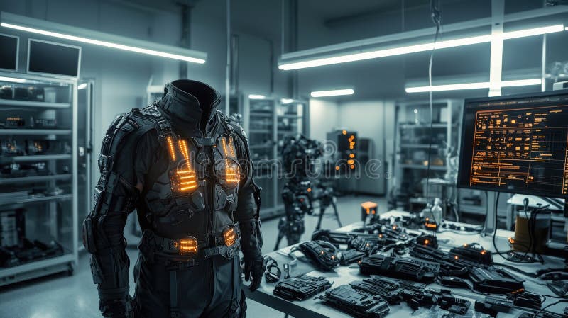 Futuristic tech developments in a high-tech lab robotics innovations displayed modern environment immersive view royalty free illustration