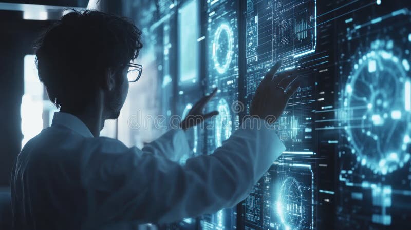 Futuristic Tech Scientist Analiza datelor pe ecrane interactive stock illustration