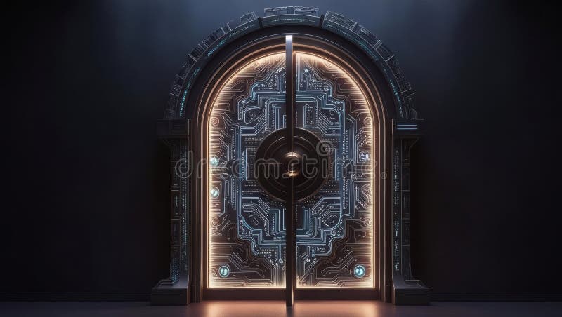 Futuristic technological door with intricate glowing circuit patterns, illuminated archway design, modern sci-fi architecture, and royalty free illustration