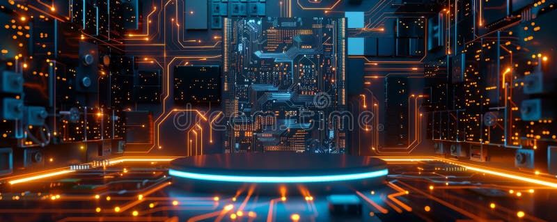 Context tehnologic futurist cu circuite iluminate și podium central stock photography