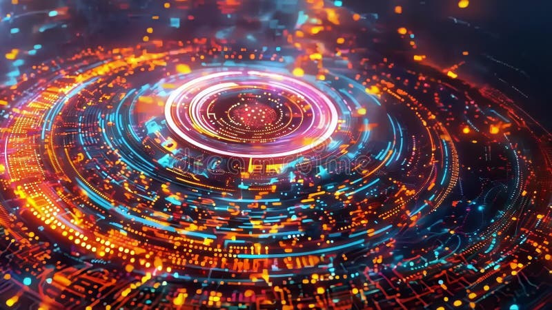 Futuristic technology background showing concentric circles glowing with data transferring royalty free illustration