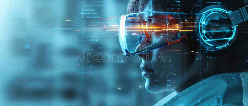 Futuristic technology concept with individual using augmented reality headset, exploring virtual experiences in a digital world stock illustration