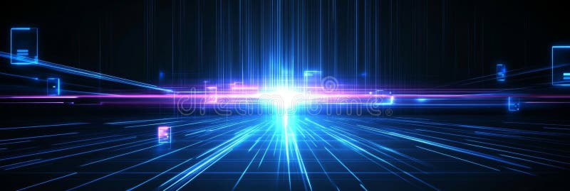 Futuristic Technology Grid Abstract Neon Light Rays on Dark Background, Modern Sci-Fi Composition stock illustration