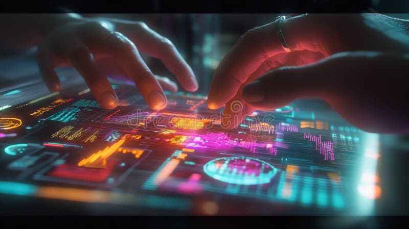 Futuristic Technology Hands Interacting with Holographic Interface stock images.