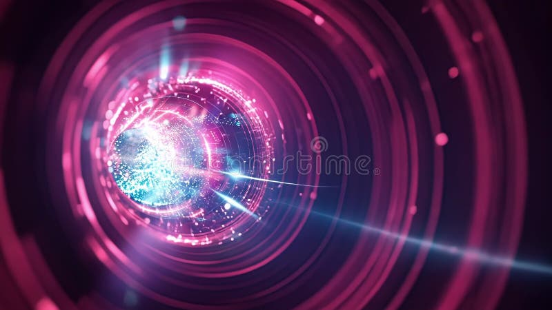 Futuristic technology rotating sphere emitting light particles in a tunnel royalty free illustration