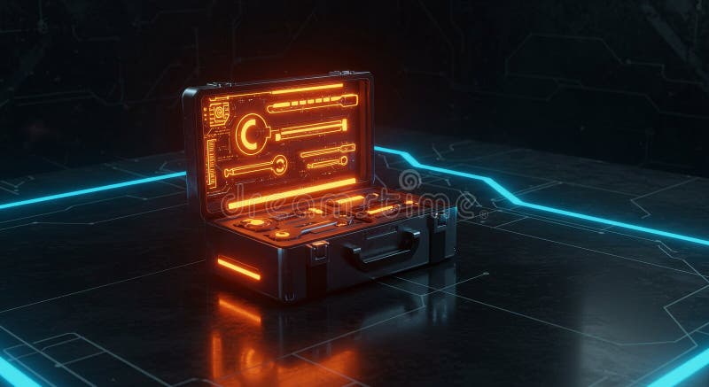 Futuristic Tool Kit on Tech Surface Open metallic case glowing orange show futuristic Tools on a dark blue tech surface vektor illustrationer