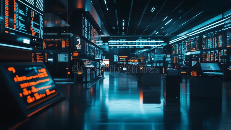Futuristic trading floor bustling with activity featuring advanced technology and digital displays in a large, high tech space royalty free stock photos
