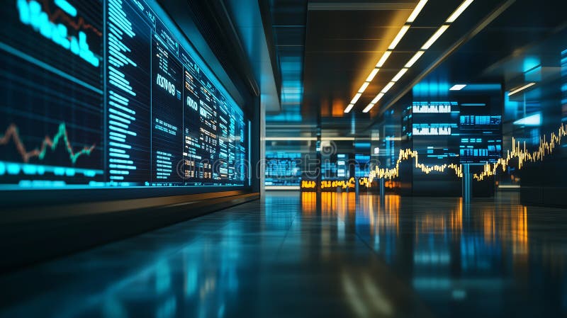 Futuristic trading floor featuring advanced technology and data displays in an illuminated environment stock photography