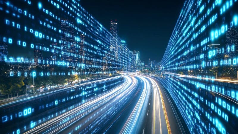 Futuristic Traffic Network with Digital Binary Code Flowing Along a Modern Highway at Night vector illustration