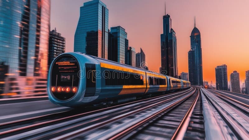 Futuristic train moving at high speed through dubai vector illustration
