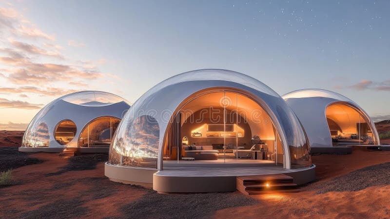 Futuristic transparent dome homes on mars with stunning interiors and cosmic views amidst a breathtaking martian sunset sky stock illustration