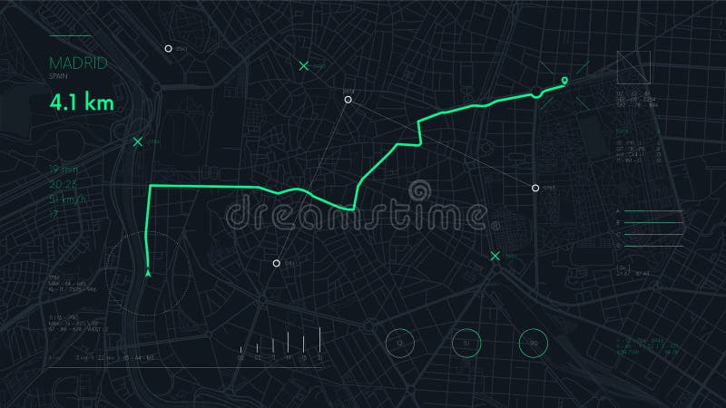 Futuristic travel GPS map or location navigator, navigate mapping technology and final destination on the streets of the city royalty free illustration