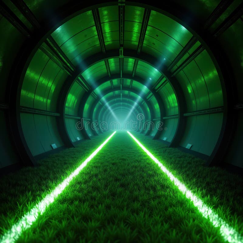 Futuristic tunnel features green grass floor, vibrant green light illumination. Empty corridor extends into bright center. Modern vector illustration