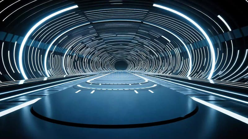 Futuristic tunnel with glowing rings, path, and platform. Abstract space stock illustration