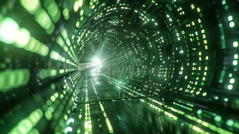 A futuristic tunnel made of glowing green lights and digital patterns. Technology and cyberspace royalty free stock photos
