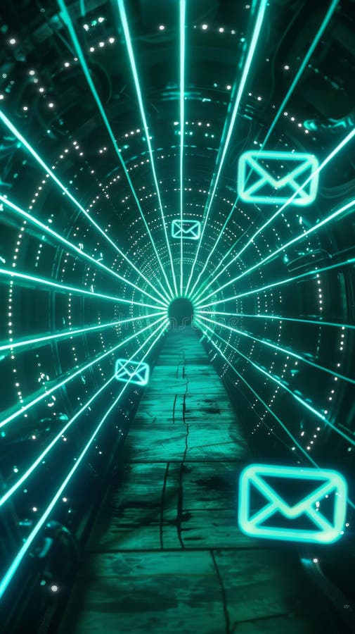 Futuristic tunnel with neon email icons and digital lights royalty free stock photos