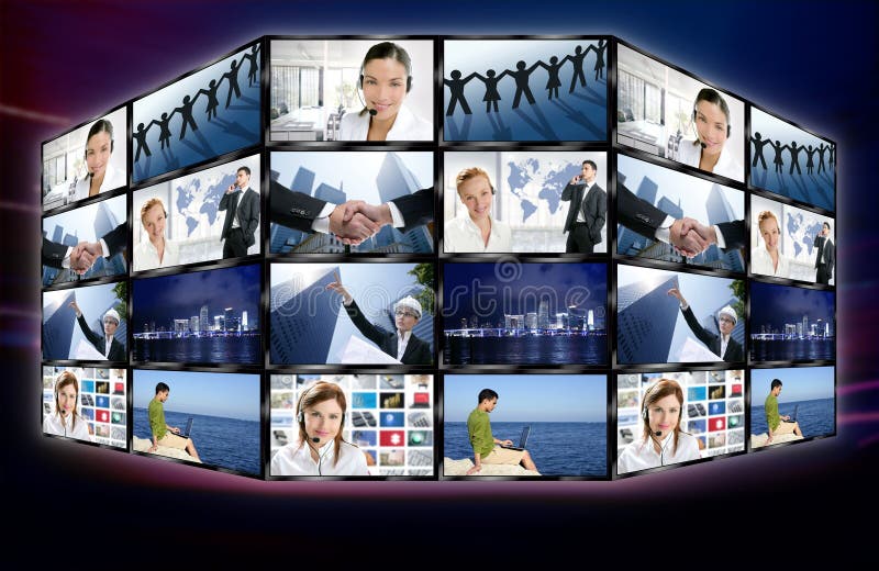 Futuristic tv video news digital screen wall with business concepts