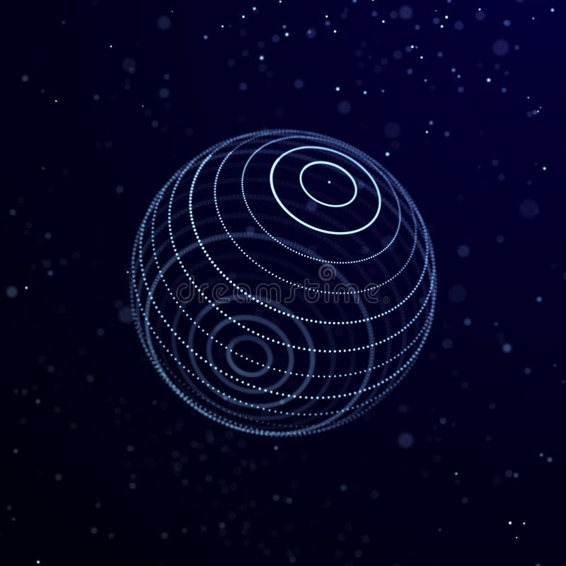 Futuristic twisted sphere made of lines and dots. Technological background. Data transmission network. 3D rendering vector illustration