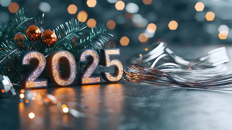 Futuristic 2025 Typography with Glowing Holograph Effect, Modern Design Elements for Celebrating New Year\'s stock illustration