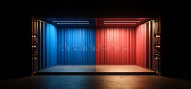 A futuristic underground corridor features dark hallway columns made of concrete, cement, and stone, illuminated by neon royalty free illustration
