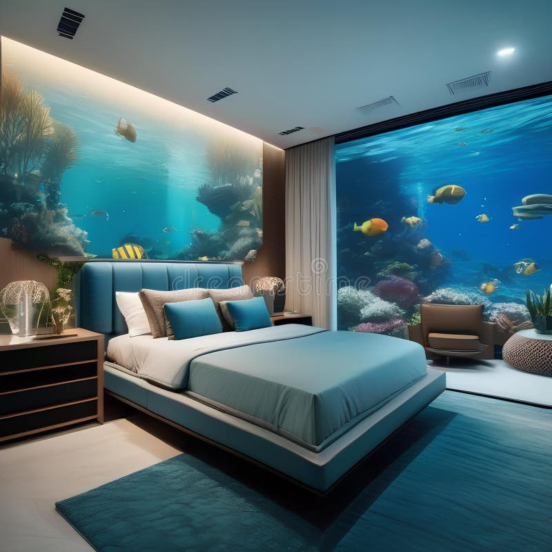 A Futuristic Underwater-themed Bedroom with a Wall Mural of the Ocean and  Aquatic-inspired Decor5 Stock Illustration - Illustration of wall, bedroom:  299795318