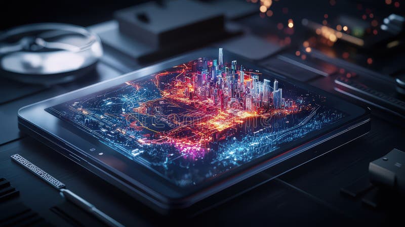 Futuristic urban development showcase digital cityscape technology visualization innovative environment aerial perspective stock illustration