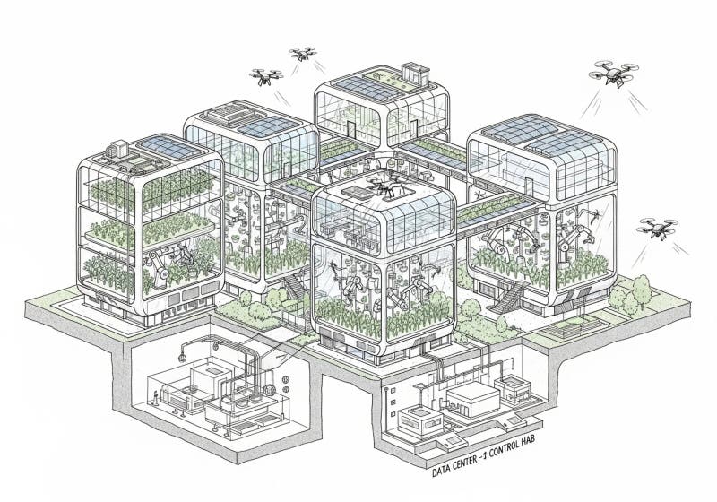 Futuristic urban farm complex featuring five interconnected, glass-enclosed structures. Each stock illustration
