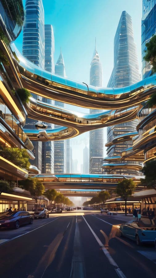 Futuristic urban landscape with skyscrapers and elevated walkways stock illustration