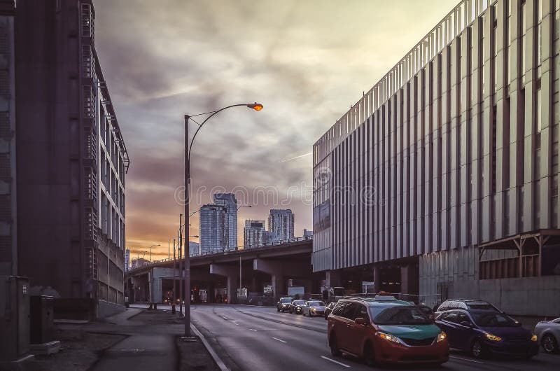 Futuristic urban landscape in Toronto at sunset royalty free stock images