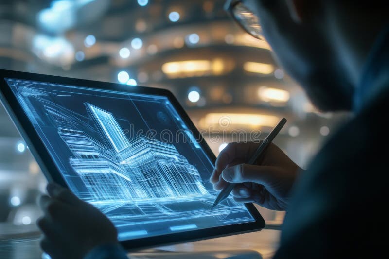 In a futuristic urban setting, an architect engineer focuses intently on sketching advanced building designs using a digital tablet. The vibrant surroundings enhance creativity. AI generated