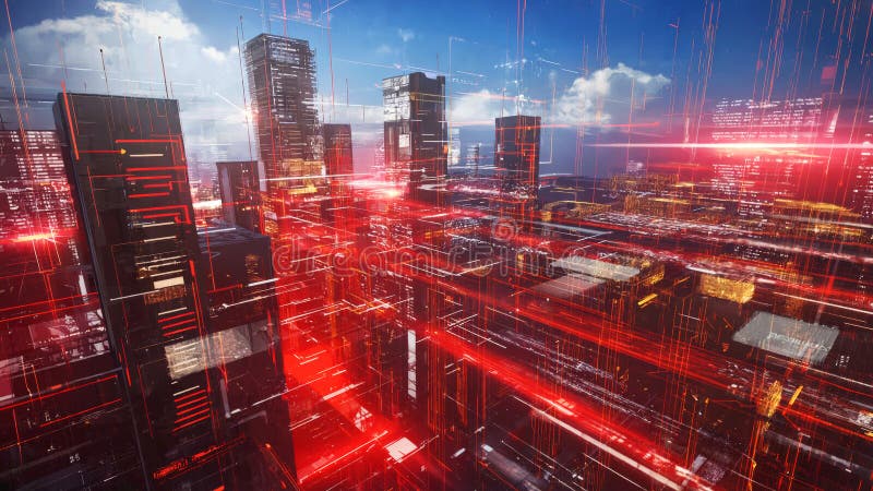 Futuristic urban skyline with digital red light patterns at dusk stock illustration