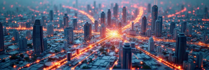Futuristic urban skyline at dusk with glowing road network stock photo