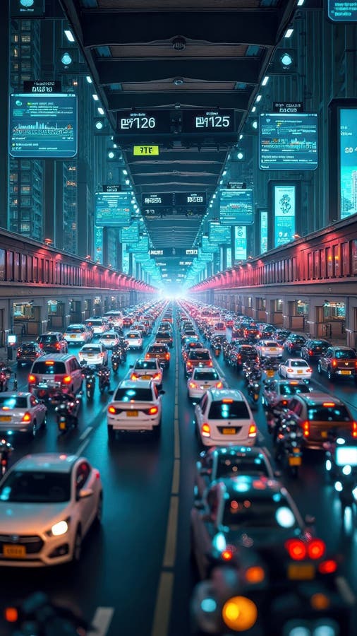Futuristic urban traffic scene with digital billboards at night royalty free stock image