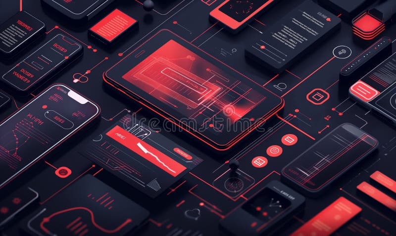 Futuristic User Interface Elements with Dark Theme and Vibrant Red Accents royalty free illustration