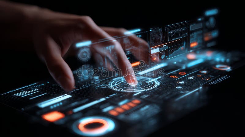 A hand interacts with a holographic user interface displaying transparent layers and touch controls. The setting showcases advanced technology with a sci-fi theme. Controls automation stock images, royalty-free photos and pictures