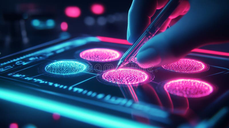 Futuristic user interface with glowing neon touch screen and stylus interaction. Concept of digital interface, data stock photography