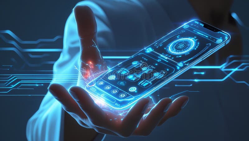 Futuristic User Interface with Holographic Touchscreen in Hand royalty free stock photography