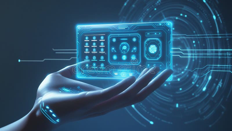 Futuristic User Interface with Holographic Touchscreen in Hand stock photo